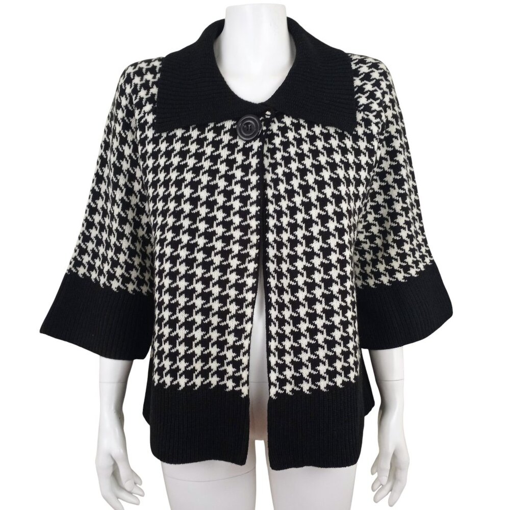 Vintage Jenny Black White Houndstooth Open Swing Cardigan Womens L